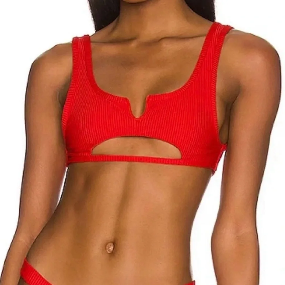 Frankies Bikinis Red Cole Cutout Ribbed Bikini Set Luxury Swim M/L